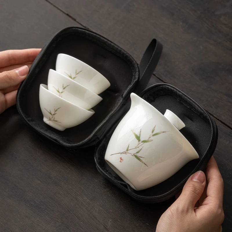 

Портативный дорожный чайный набор из белого фарфора для улицы и кемпинга, с чайником и чашками, для чаепития Гунфу, с подвесным дизайном