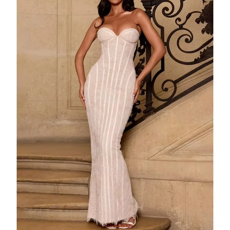 Women Lace Sweetheart Neck Maxi Dress Sheer Mesh Bodycon Evening Party