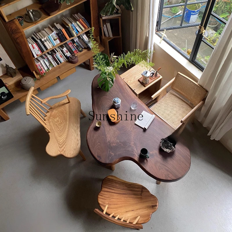 

Medieval log style balcony tea table, black walnut irregular branch wabi-sabi