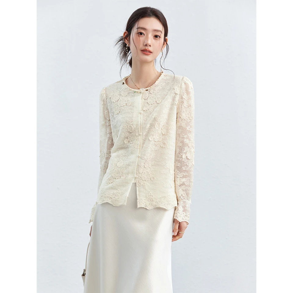 VIMLY Apricot Lace Blouse Women Spring 2026