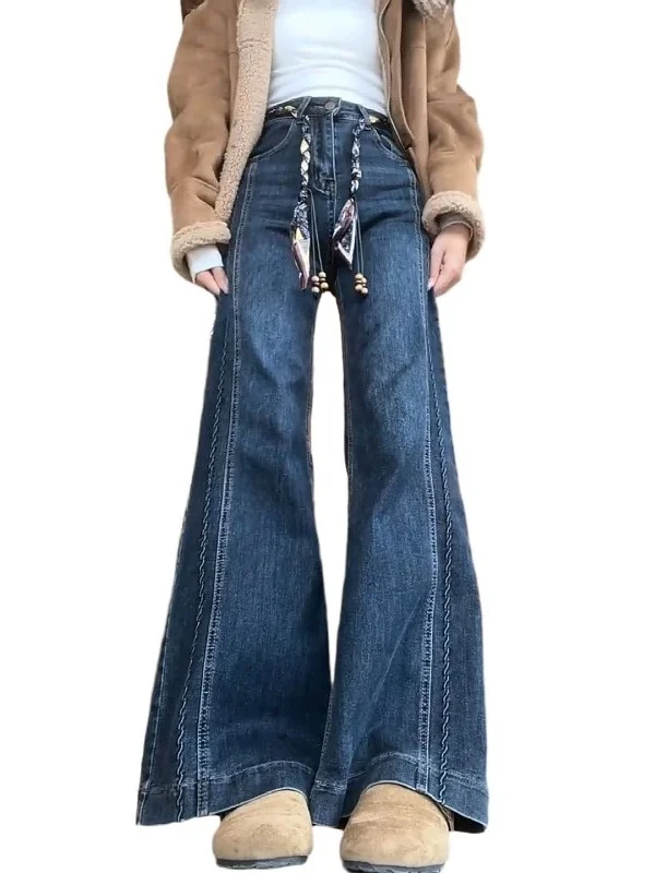 Plus Size Dames Hoge Taille Fce Gevoerde Denim Jeans Elastisch Afslanken Losse Uitlopende Broek Herfst Winter Faion Trend