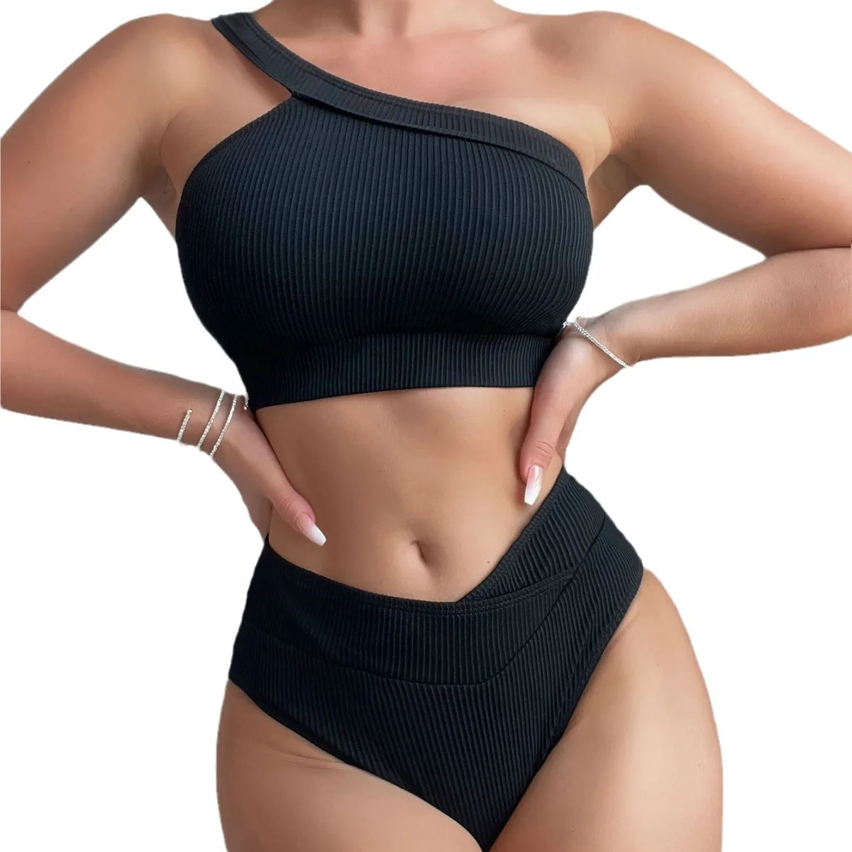 New Solid Color Pit Strip One Shoulder High Waist Sexy Bikini Swimsuit Woman