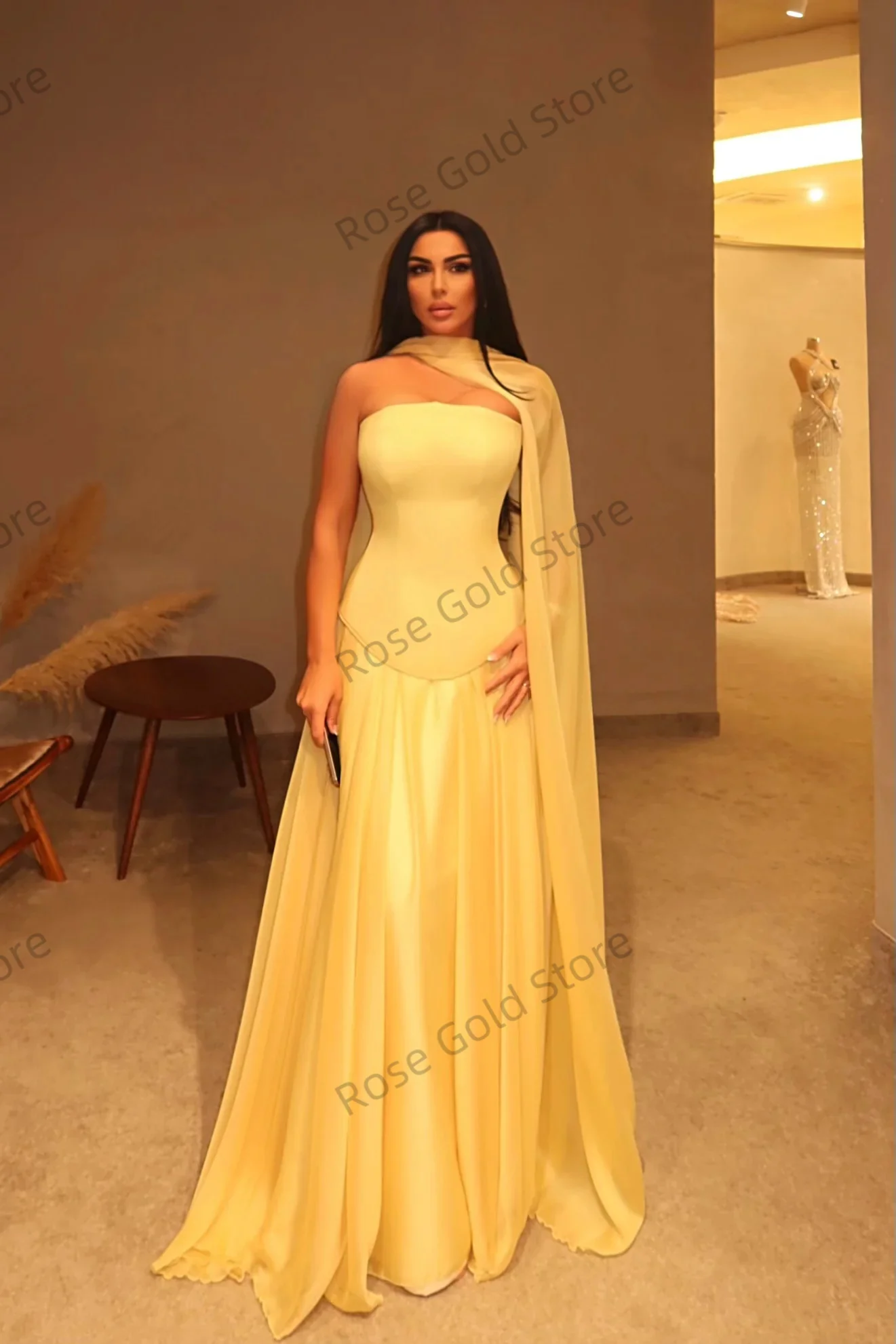Simple Yellow Evening Dresses for Women A Line Chiffon Arabic Vestido de Noche Long Brithday Party Wear Customized Prom Gowns