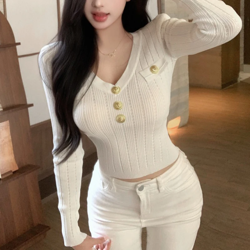 

Осень-зима, белая вязаная рубашка, пуловеры с длинными рукавами, топы, короткий дизайн, женский свитер с v-образным вырезом