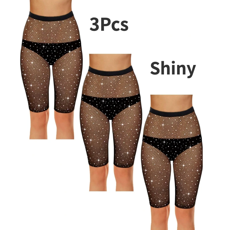 Collants courts en résille brillants pour femmes, collants Bling Lady Biker, voir à travers, sous-vêtements respirants en biscuits, 3 pièces