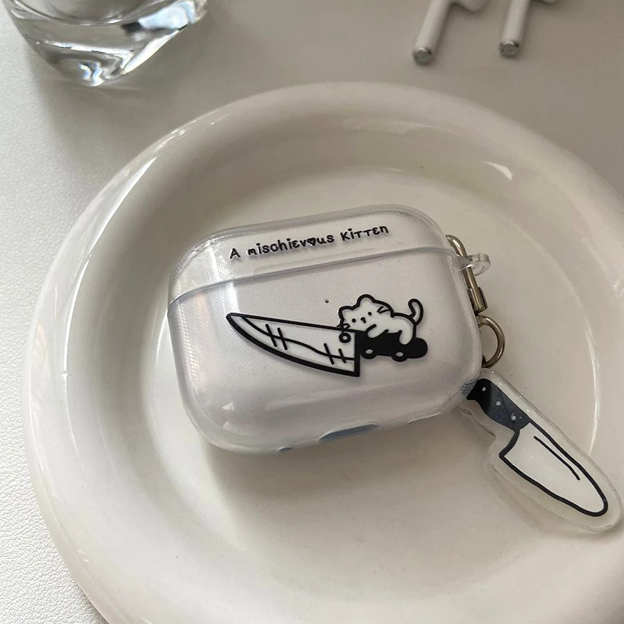 Cute Cat Knife Cartoon Clear Soft TPU Earphone Case For Airpods 4 3 2 1 Pro Pro2 Pro3 Shockproof Airpods Transparent Cover