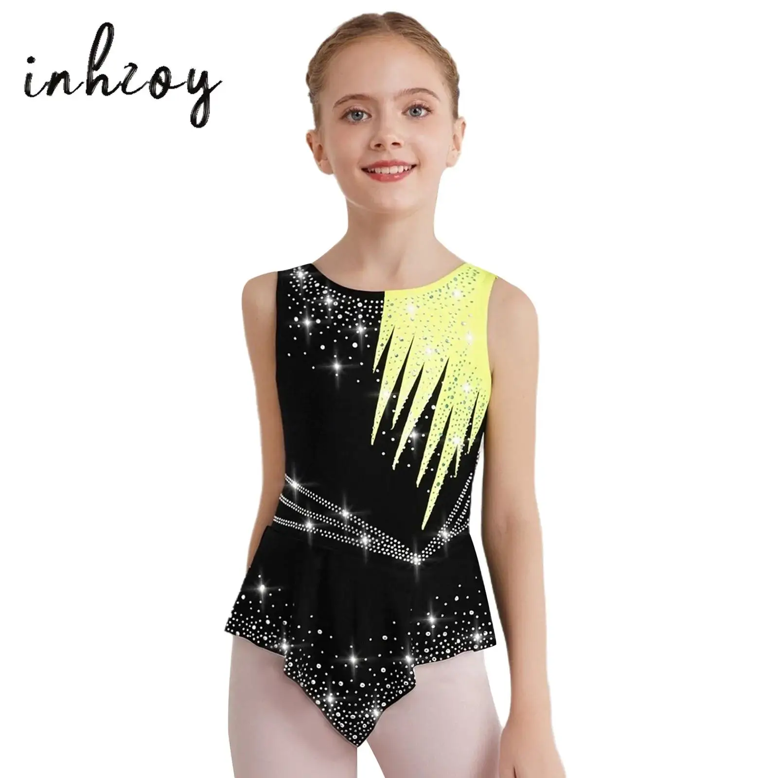 

Kids Girls Rhythmic Gymnastics Leotard Sleeveless Shiny Rhinestones Contrast Color Bodysuit for Skating Competition Performance