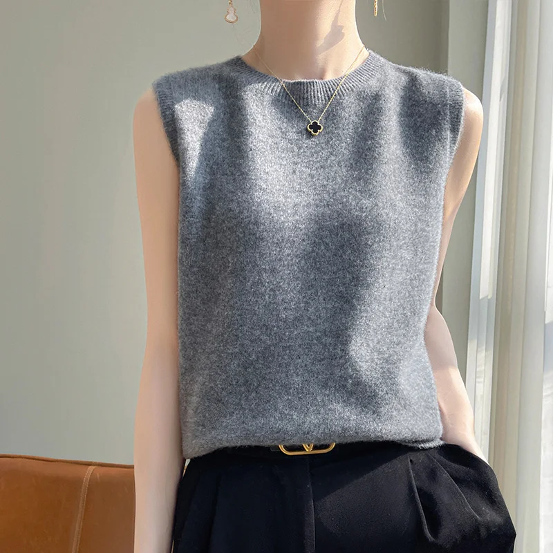 Seamless 100% Pure Wool Vest Women\'s Round Neck Pullover Spring/Summer New Needle Sleeveless Vest Solid Color Camisole