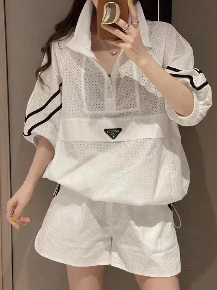 Fashion 2Pcs Oversize Women Sweat Suit Set Thin Long Sleeve 2023 New Sunscreen Coat Top and Shorts Two Piece Set White Outfits