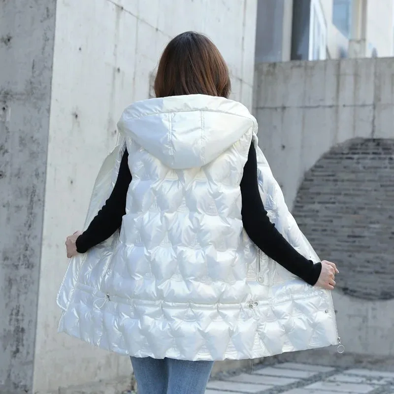 Neue Winterweste aus glänzender Daunen-Baumwollparka für Damen, mittellange, lässige, ärmellose Taillenjacke mit Kapuze