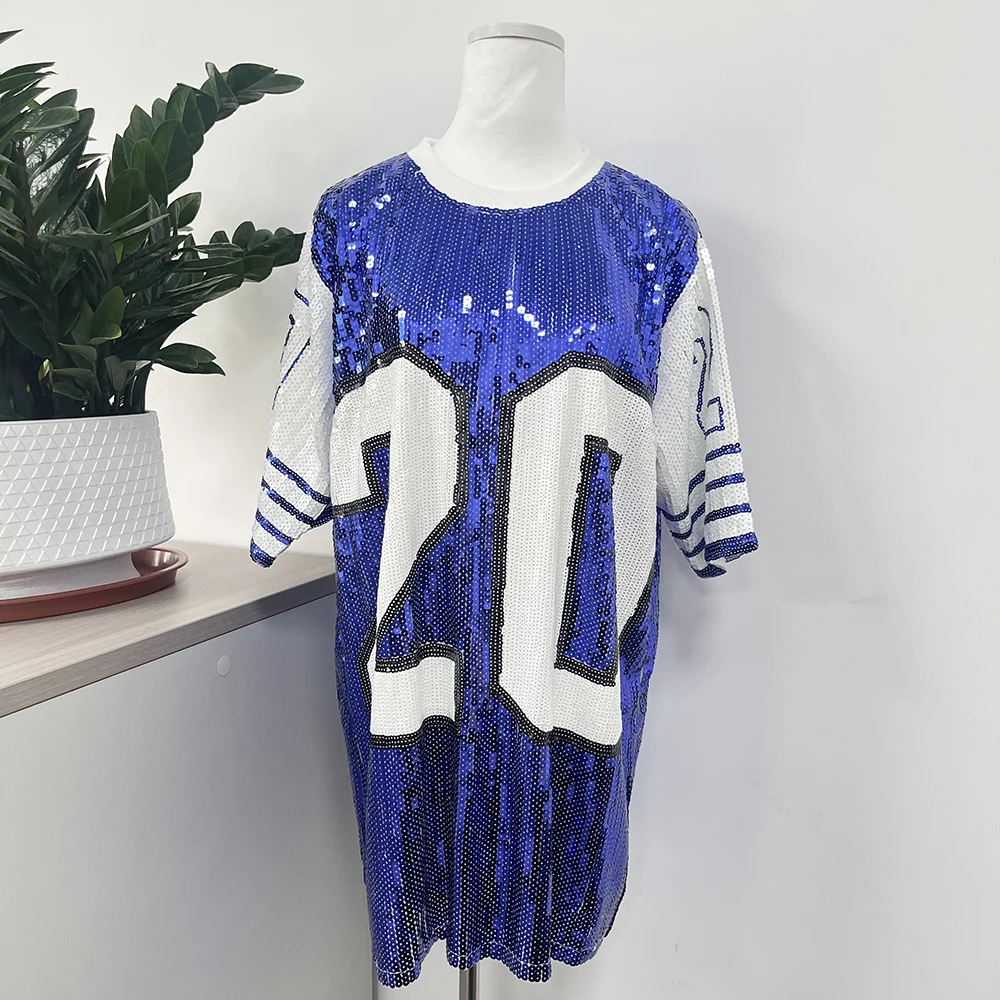 Long O-Neck T-shirt Party Club Blue and White 20 ZETA PHI BETA Sequin Clothing