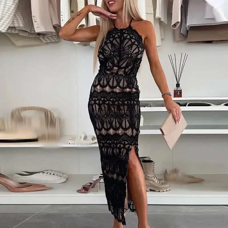 Sexy Lady Halter Lace Hollow Out Party New Fashion Backless Split Long 2025 Elegant Jacquard Sleeveless A-Line Dress