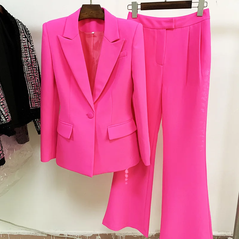 

Peak Lapels 2 Pieces Women Suits Set Solid Colored Slim Suit Coat Flared Trousers Unique Long Sleeve Blazer New Arrival In Stock