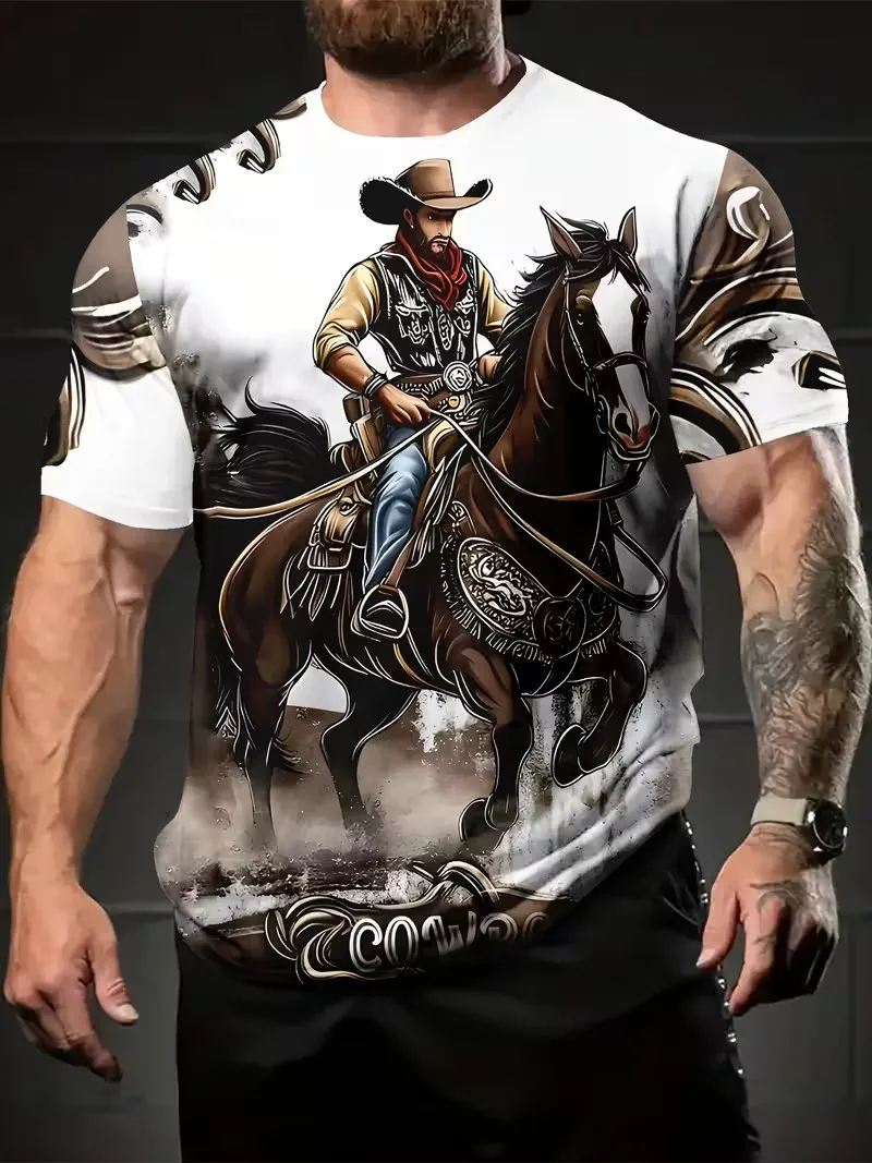 2025 New Men's T-shirts Clothing Fashion Cowboy Printed Short Sleeve T-shirts Tops Summer Breathable Crew Neck T Shirt For Men