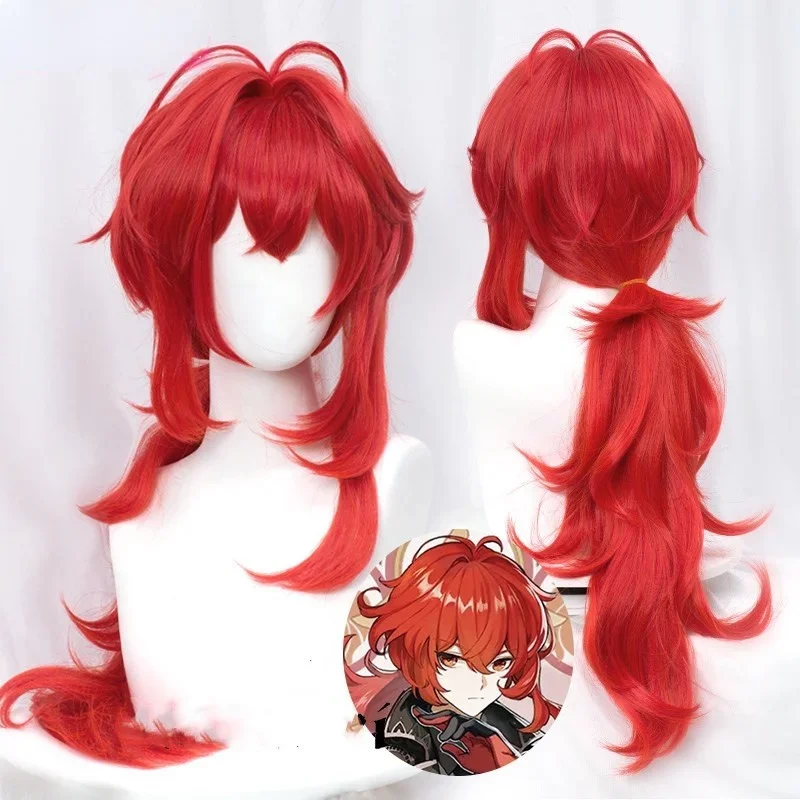 Genshin impact dilunc cosplay 60cm parrucca rossa lunga cosplay anime parrucche cosplay parrucche sintetiche resistenti al calore Halloween