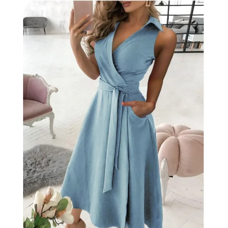 Women's Spring/Summer Short Sleeved V-neck Off Shoulder Dress Solid Color Belt Dress Casual Holiday Loose Fashion Elegant Dress