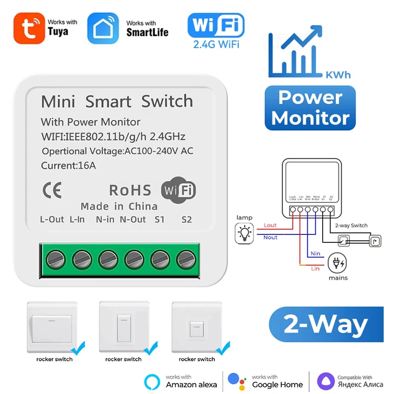 Tuya Wifi Smart Switch 2 Way Module On Off Mini Smart Breaker Wireless Remote Voice Switches For Google Home Alexa Yandex Alice