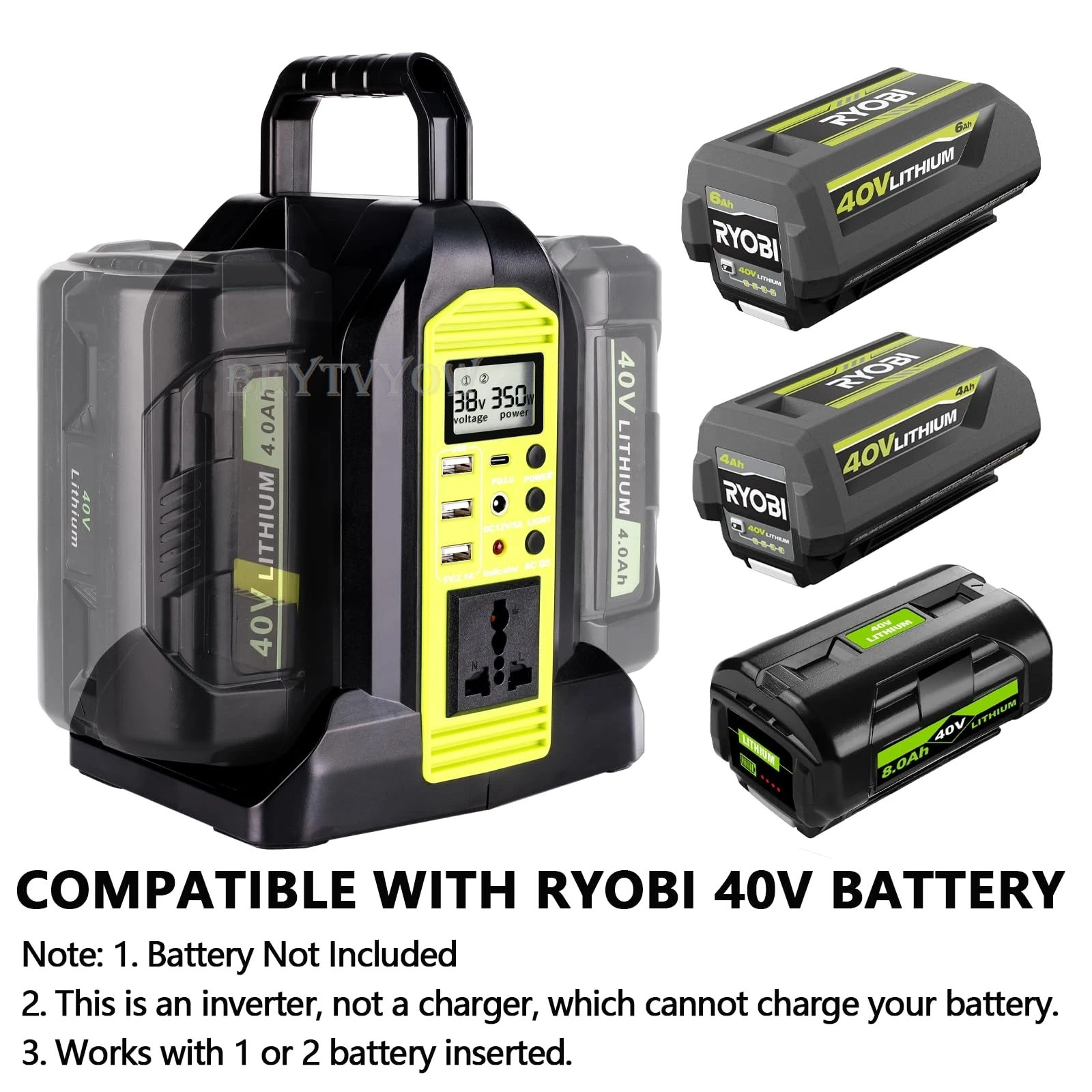 

350W 2-Port Power Inverter for Ryobi 40V Battery DC 40V to AC 120V Pure Sine Wave Inverter Battery Converter Generators With LED