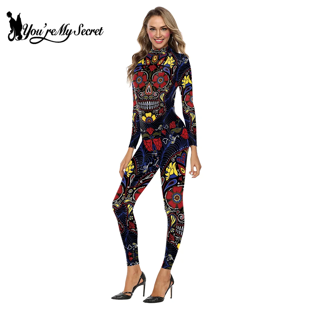 [You\'re My Secret] Halloween Skeleton 3D Printing Holiday Party Cyberpunk Punk Jumpsuit Colorful Skull Leggings Performance Suit