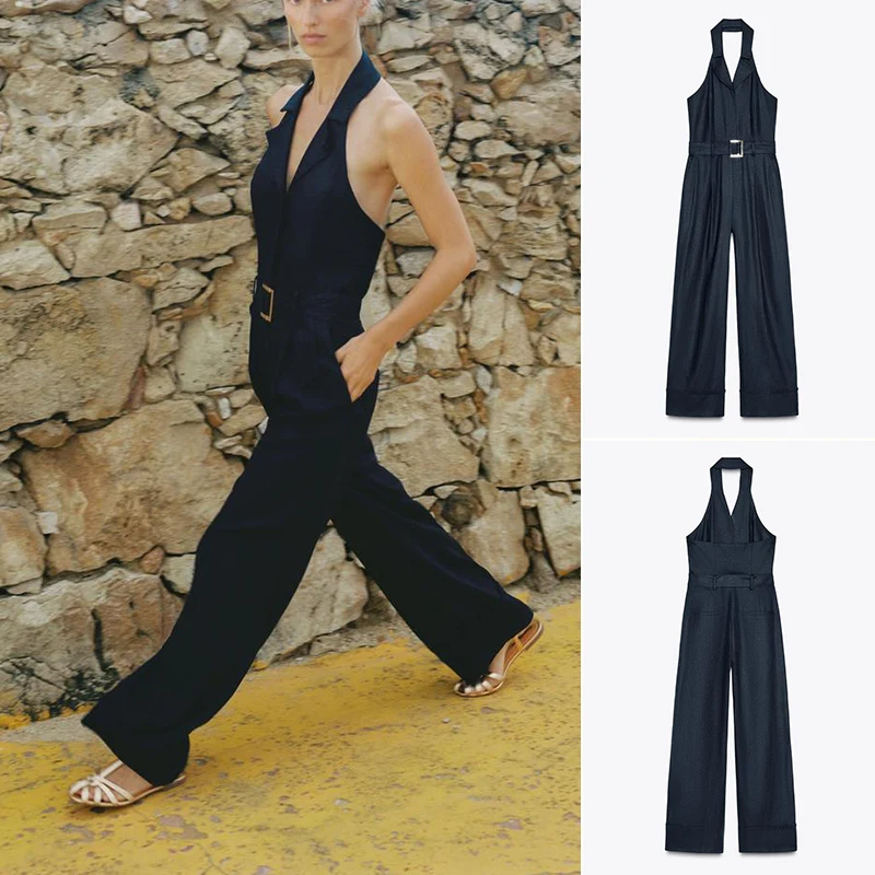 

Летние широкие брюки с высокой талией и поясом, цельный комбинезон свободного кроя с отложными манжетами из смеси льна, висящий Ne Design