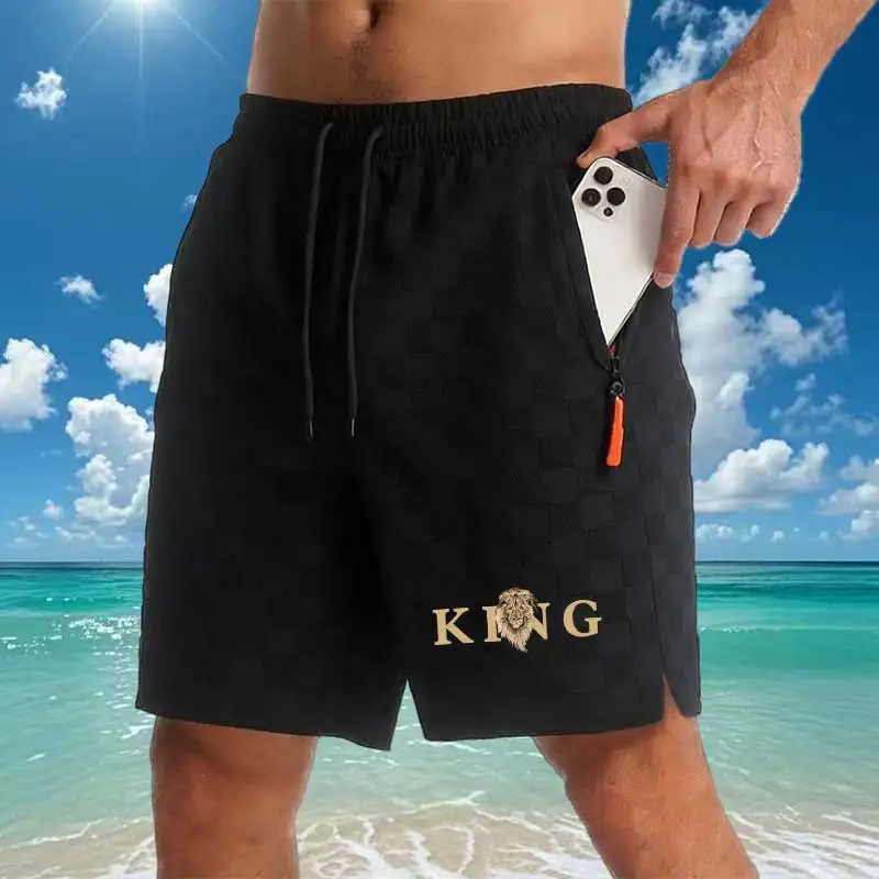 

Summer Men's Casual Shorts KING Lion Print Premium Jacquard Fabric Drawstring Waist Streetwear Bottoms with Secure Zipper Pocket