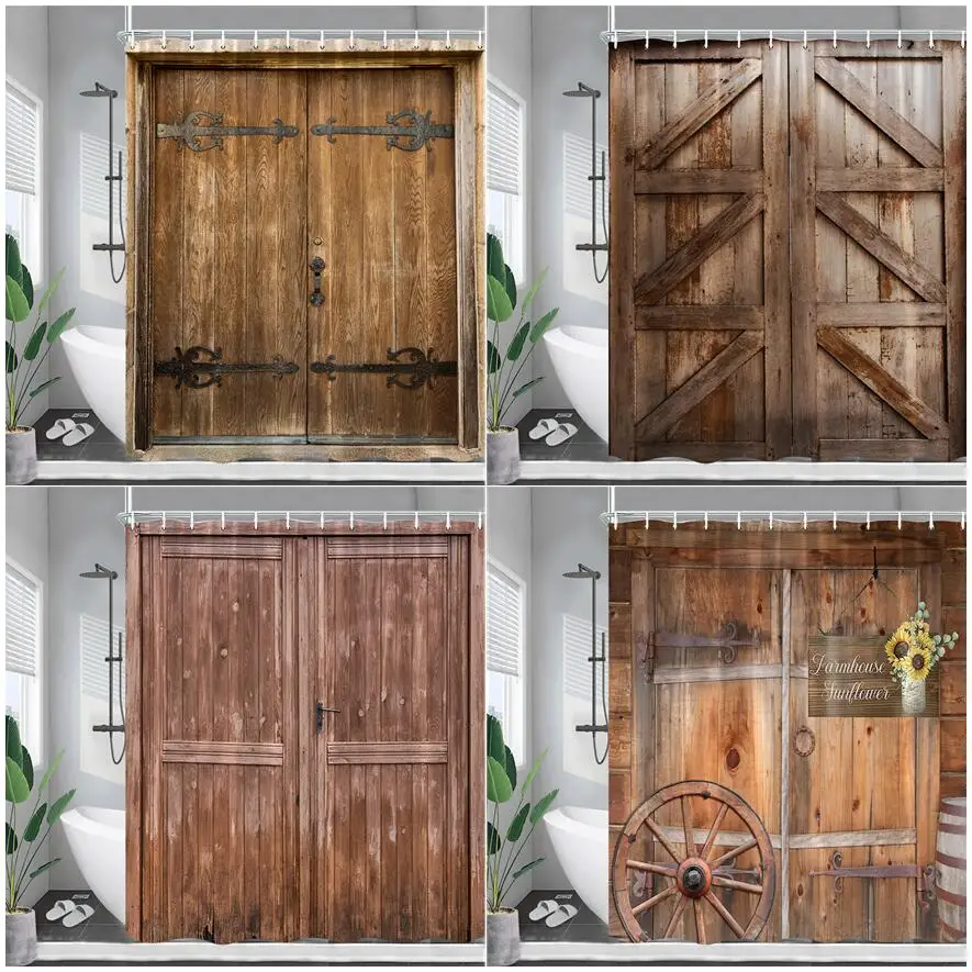 Rustic Farm Barn Door Shower Curtains Vintage Wood Plank Wheel Sunflower Polyester Fabric Bathroom Decor Bath Curtain with Hooks