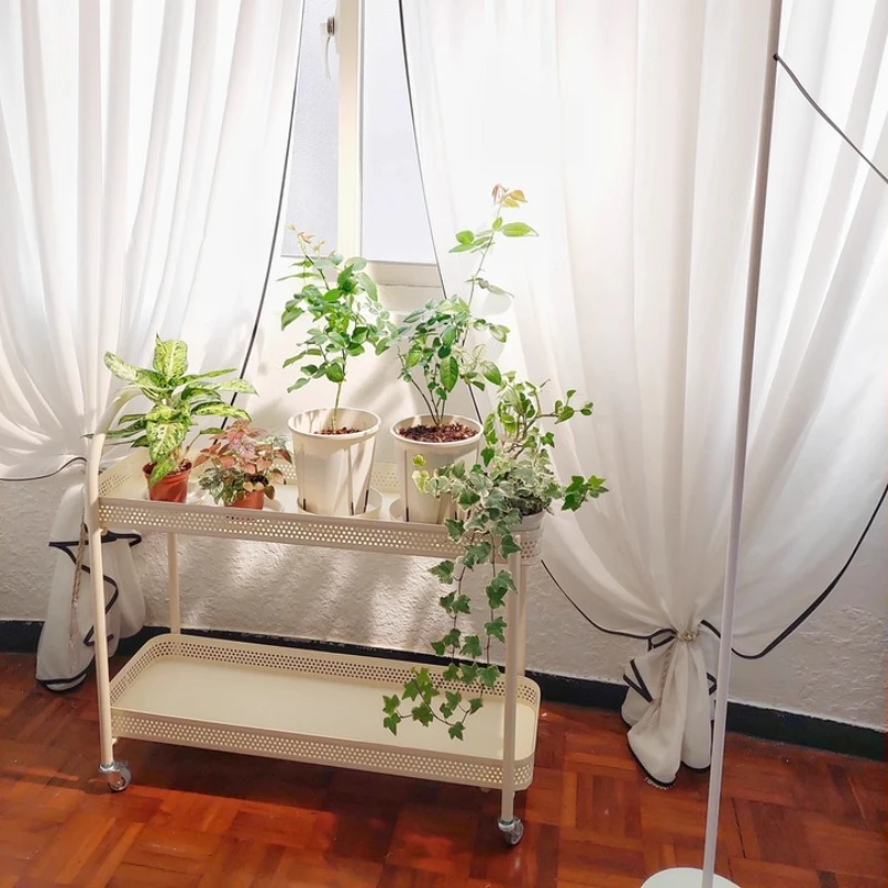 Iron Baked Paint Decorative Shelf 2 Layers Mobile Plant Stand Living Room Balcony Flowers Rack Versatile Practical Indoor Garden