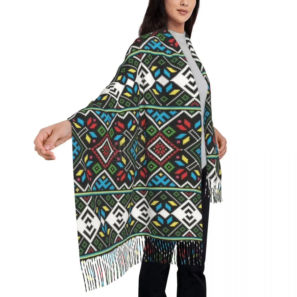 Traditional Romanian Ukraine Boho Bohemian Geometric Scarf Tassel Scarves for Women Shawls and Wraps Long Fall Winter Shawl Wrap
