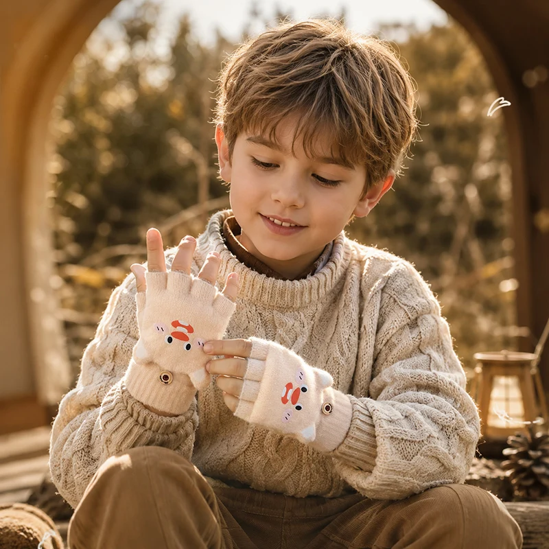 Children's Flip-Top Half-Finger Gloves for Autumn and Winter, Warm and Cute for Girls, Cold-Proof Half-Finger Writing Gloves