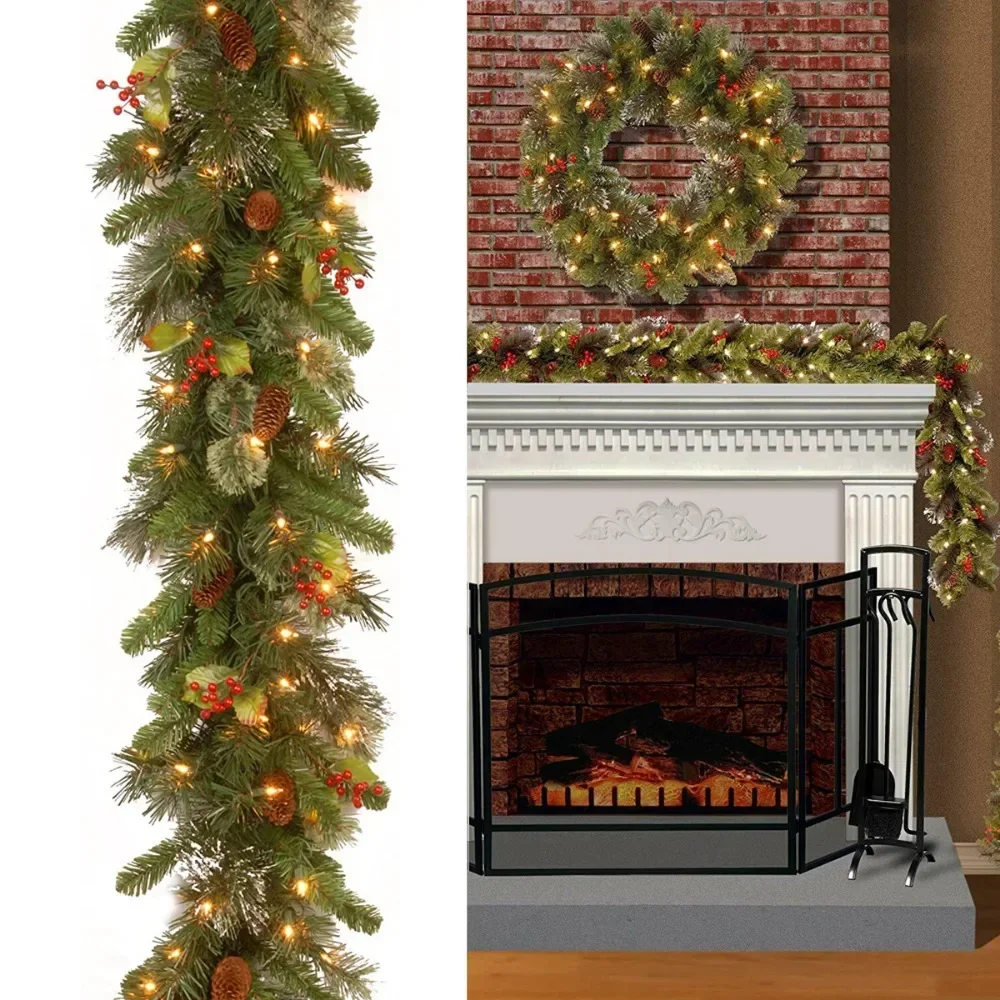 6FT/9FT Christmas Red Fruit Illuminated Rattan PVC Material Lighting Lighting Fairy Pine Fireplace Stair Door Decorative Garland