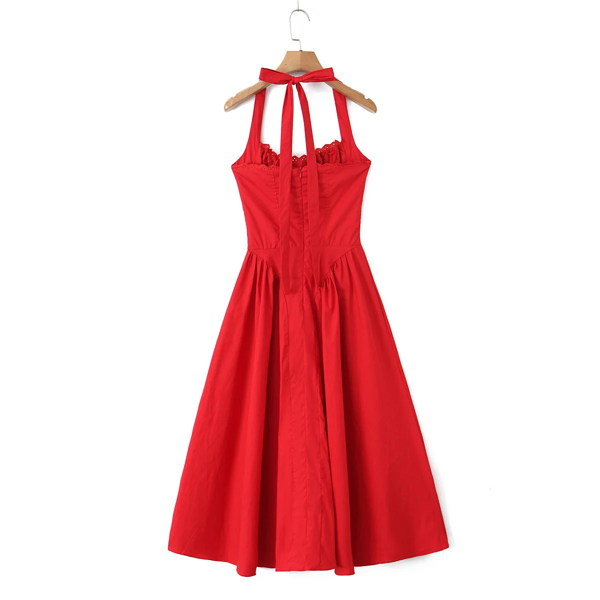 Dave&Di Summer Dress Women Fashion Ladies Elegant Red Color Halter Cotton Midi Dress Holiday Beach Tank Dress