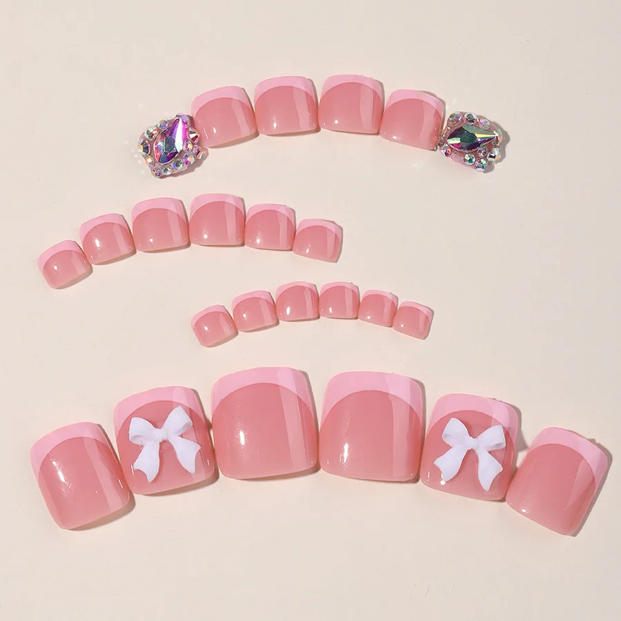 Uñas postizas para pies, juego de manicura con diseño de lazo blanco, color rosa francés, 24 piezas, Verano