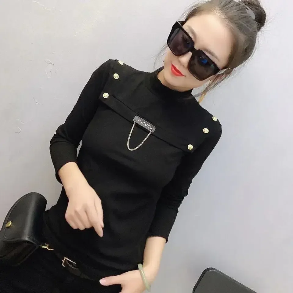 Winter Long Sleeve Turtleneck PU Leather Patchwork Cotton T-shirts Women European Chain Cotton Pullovers Chain Cotton Tops