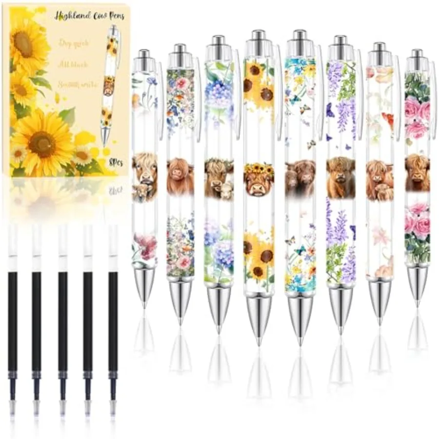 

8PCS Highland Cow Print Pens with 5 Extra Black Refills Rustic Themed Party Gifts Office Decor Smooth Write QuickDry Ink Souven