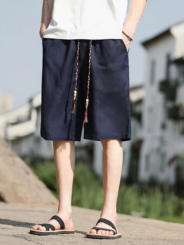 

Мужские летние тонкие дышащие прохладные хлопковые льняные брюки пять четвертей, спортивные свободные повседневные брюки Qui Dry