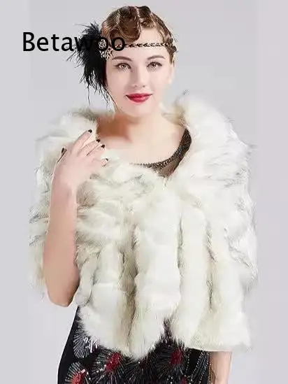 Women Faux Fur Bridal Shawl Cloak Wrap Soft Fluffy Artificial Fur Outer Piece For Wedding Ceremony Banquet Party And Cold Season