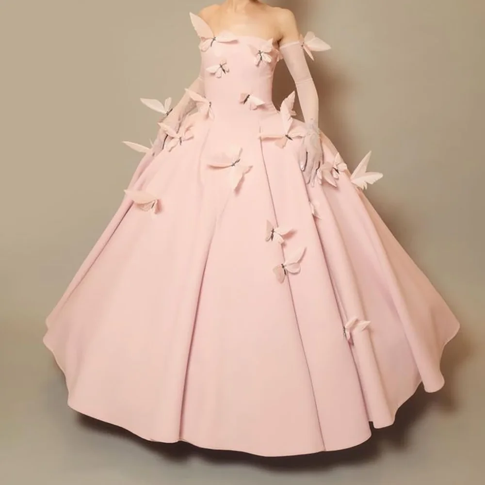 Elegante abito da ballo rosa senza spalline con maniche a farfalla, abito da sera formale, abito da celebrità personalizzato