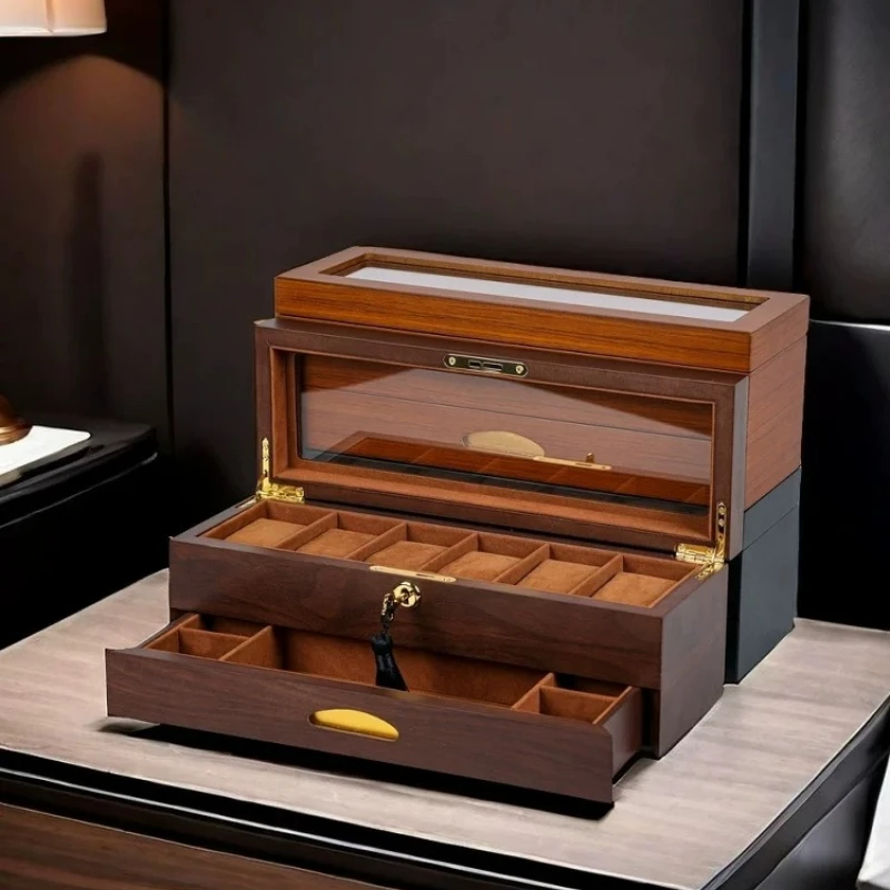 Walnut Grain 6-Slot Watch Case Lockable Drawer Jewelry Organizer Wristwatch Collector Box Premium Display Holder for Trinkets