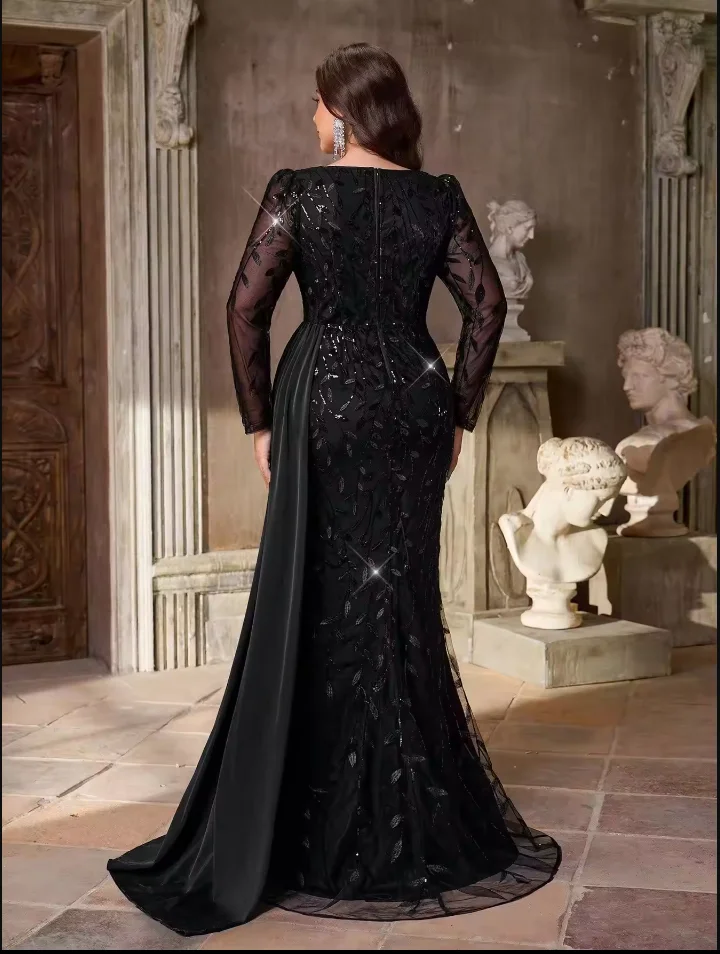 Black Embroidered Sequin Fishtail Mother of the Bridal Dress with Sheer Long Sleeves Cowl Neck Wedding Dress Customized PlusSize