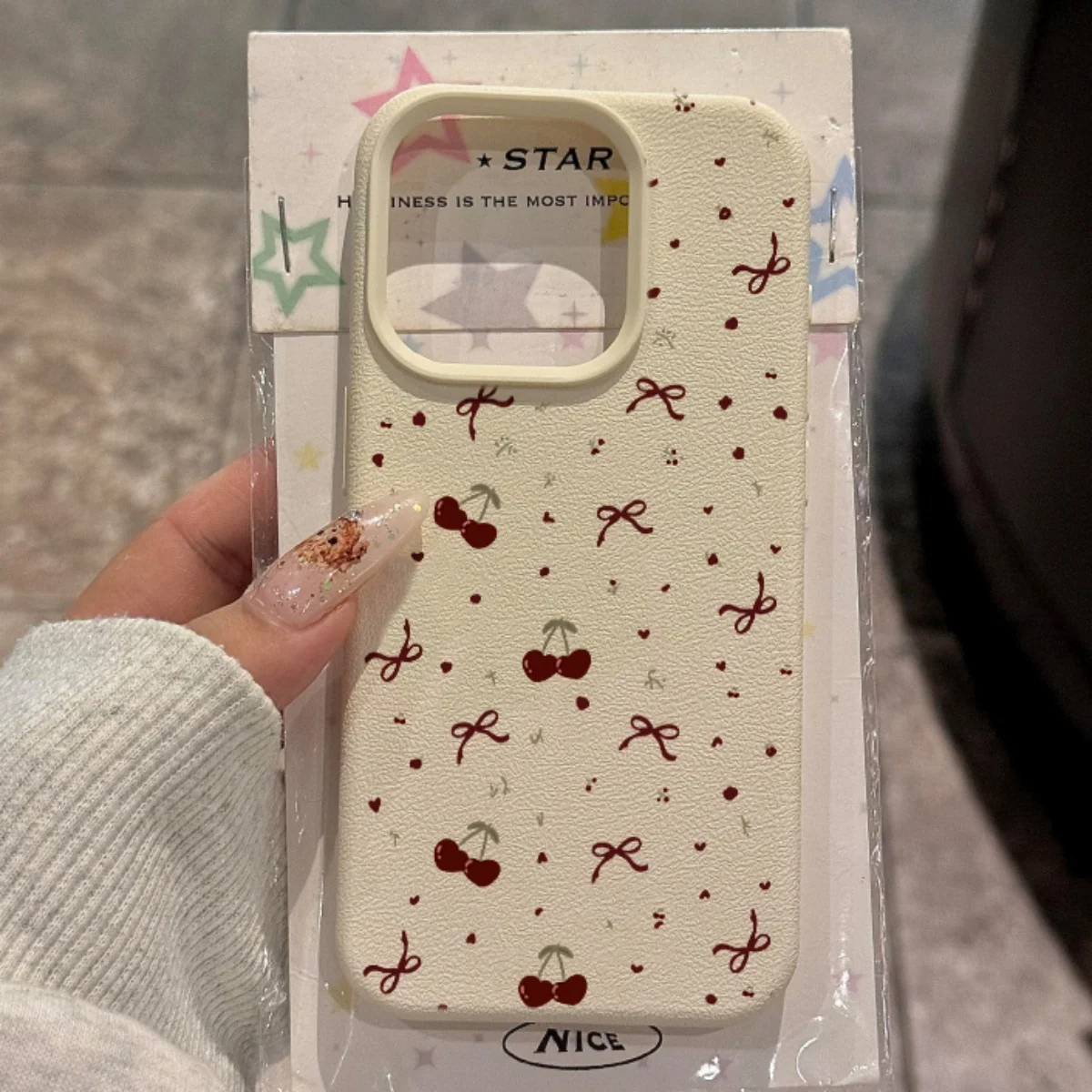 Korean Cute Cherry Bow Litchi Pattern Case For iPhone 16 15 14 13 Pro Max 11 12 XR XS Max Stylish Shockproof Soft Cover Funda