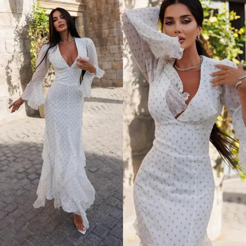 

Elegant Women Chiffon Maxi Dress Deep V Neck Flare Sleeve Ruffle Hem High Waist Polka Dot Print Dress For Wedding Vacation Wear