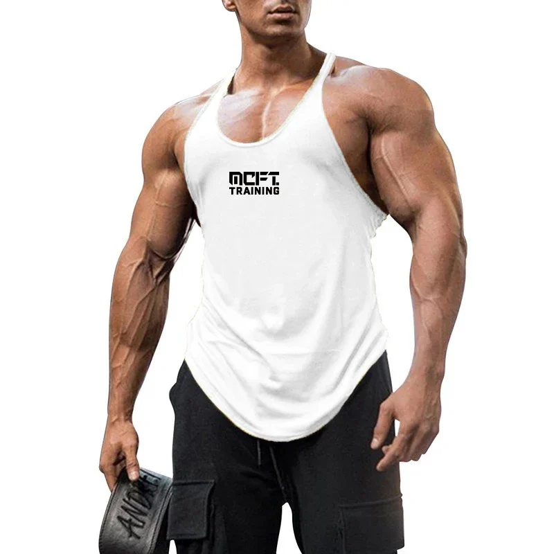 Men's Summer Loose-fitting I-shaped Sports Fitness Vest Round Neck Printed Outerwear White Color Cotton Sleeveless Shirt