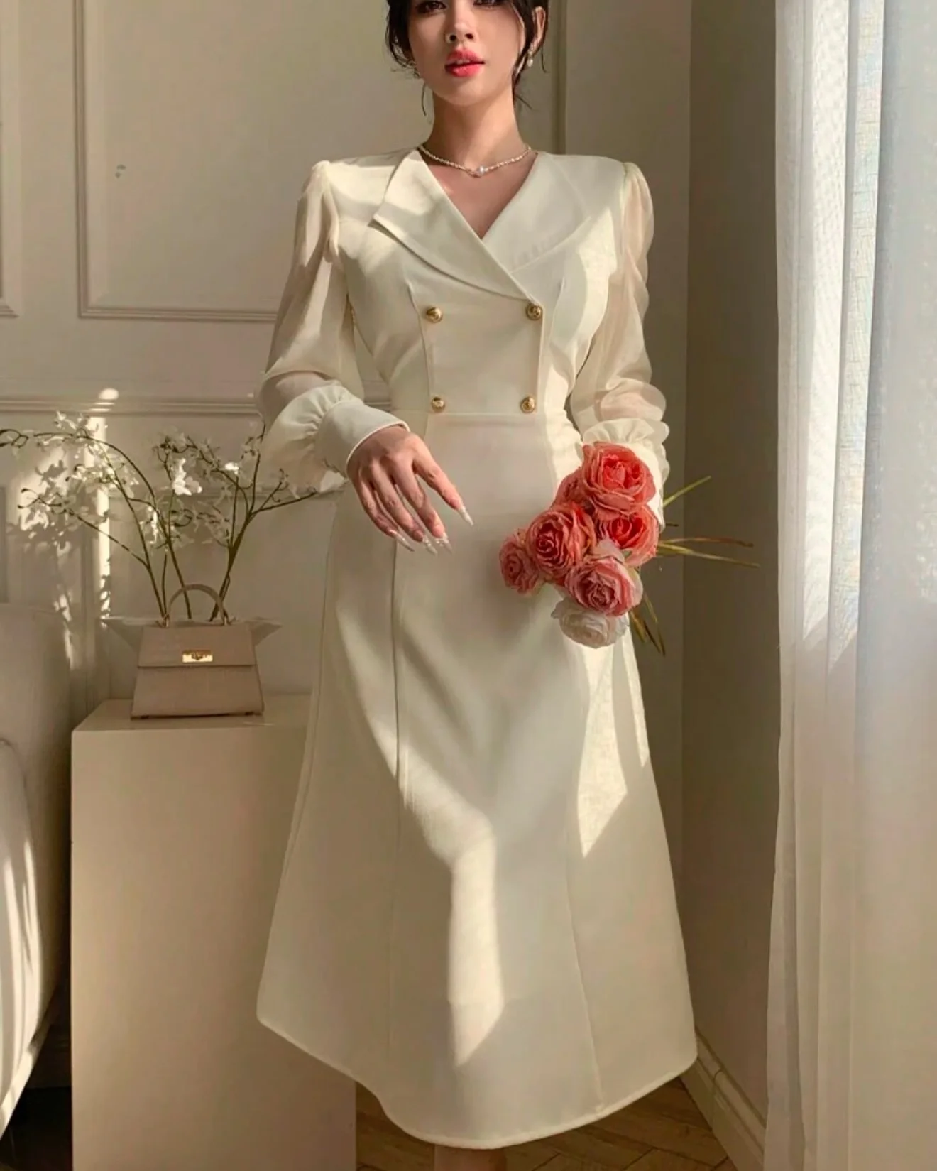 

Customized High Quality Jersey Buttons Evening Dresses Temperament Long Sleeves V-Neck Cocktail Dress Custom Size Party Dress