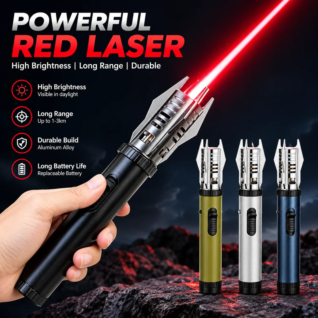Powerful Red Laser Pointer High Brightness Long Range Visible Beam Aluminum Alloy Portable Outdoor Laser Pen Replaceable Battery