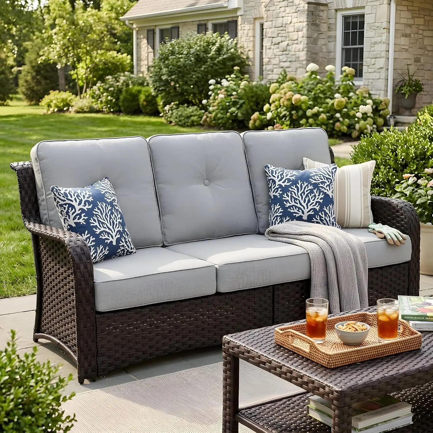3-Seat Wicker Patio Sofa, Outdoor Garden Furniture, Grey, Customized