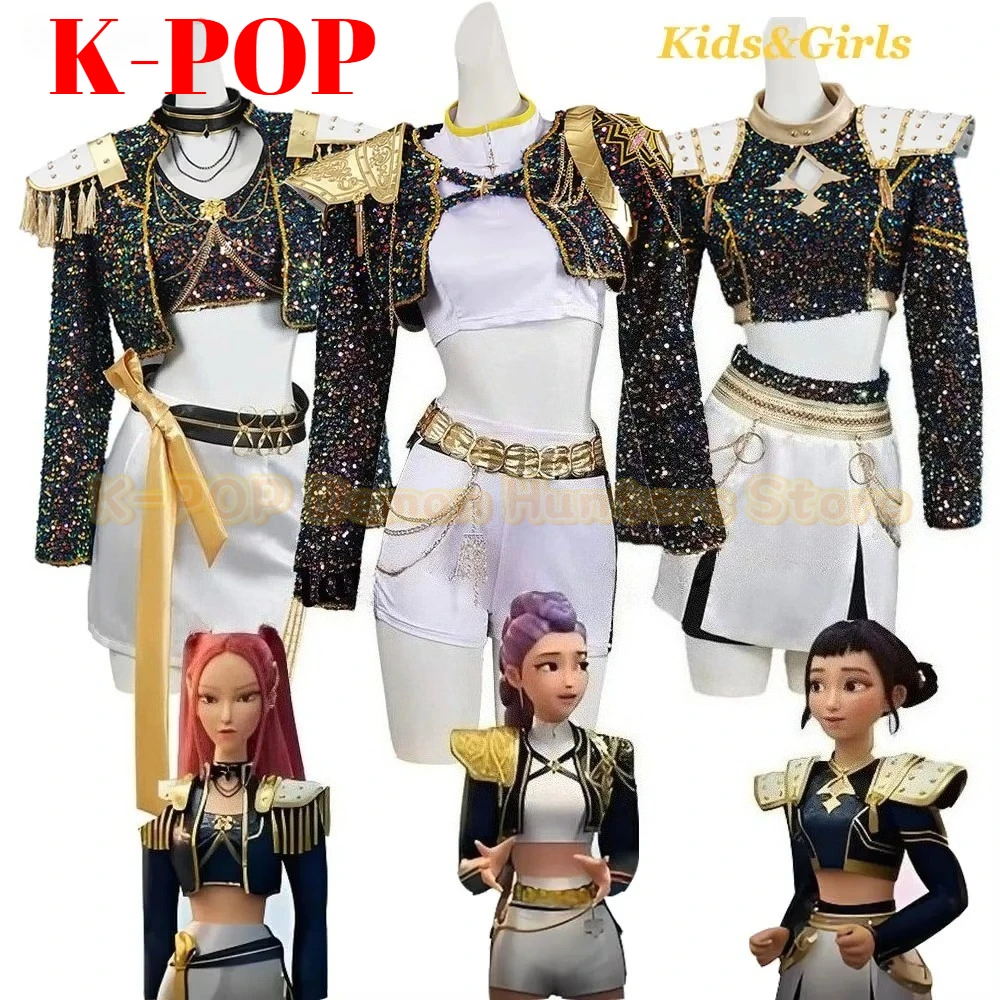 

New Cosplay Girl Group Costume Sequin Jacket Gold Accents Cropped Top Chain Details White Shorts Outfit Role Playing Party Suit