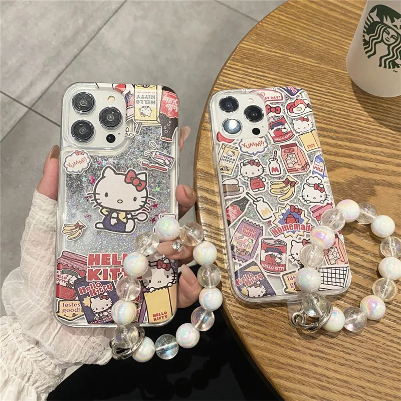 

Hello Kitty Snack liquid quicksand Phone Case for iPhone 11 12 13 14 15 16 Pro Max 16pro 11promax Milk instant noodles Cover