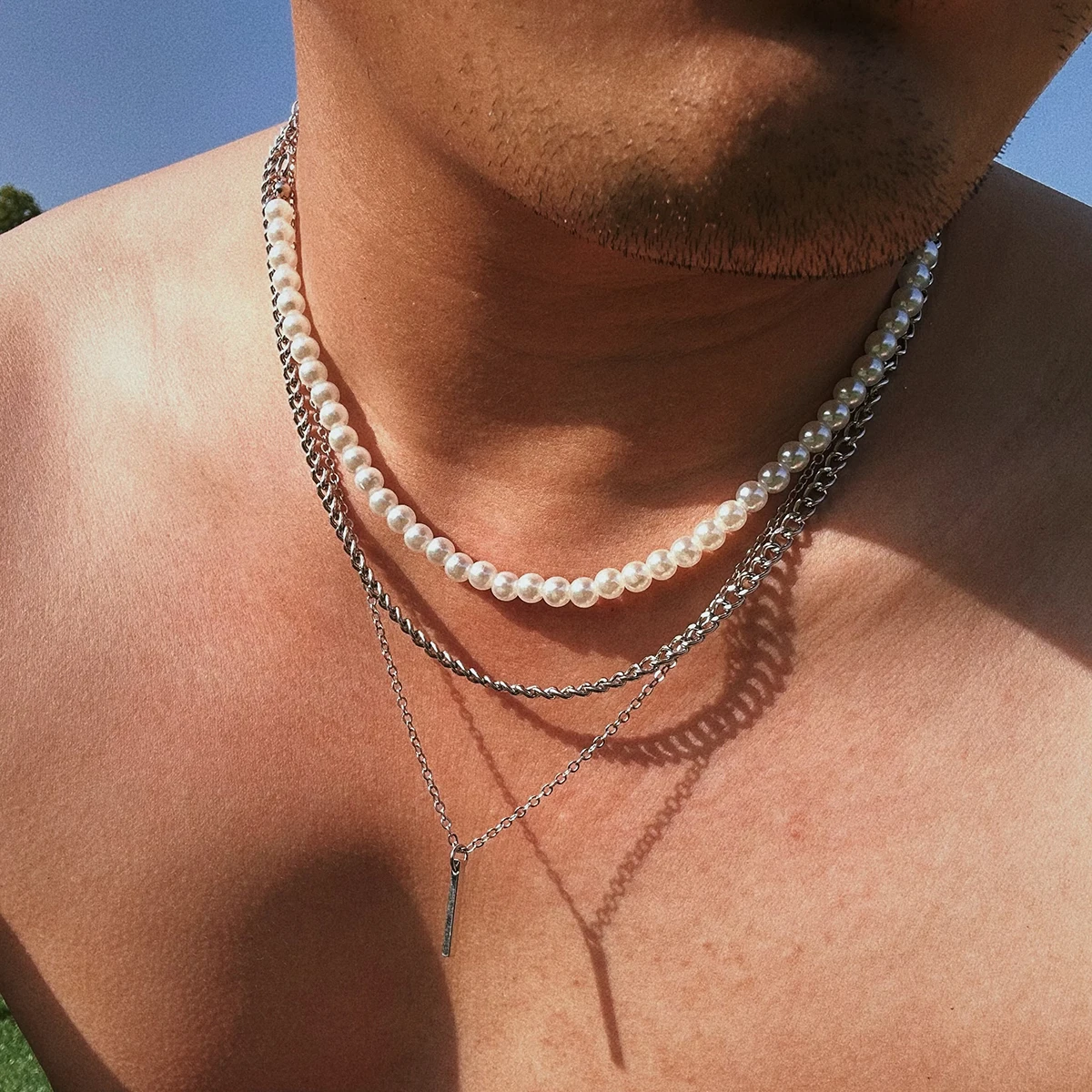 Asymmetric Imitation Pearl Chain with Stick Pendants Necklace Men Trendy Layered Chains on Neck 2023 Fashion Jewelry Accessories