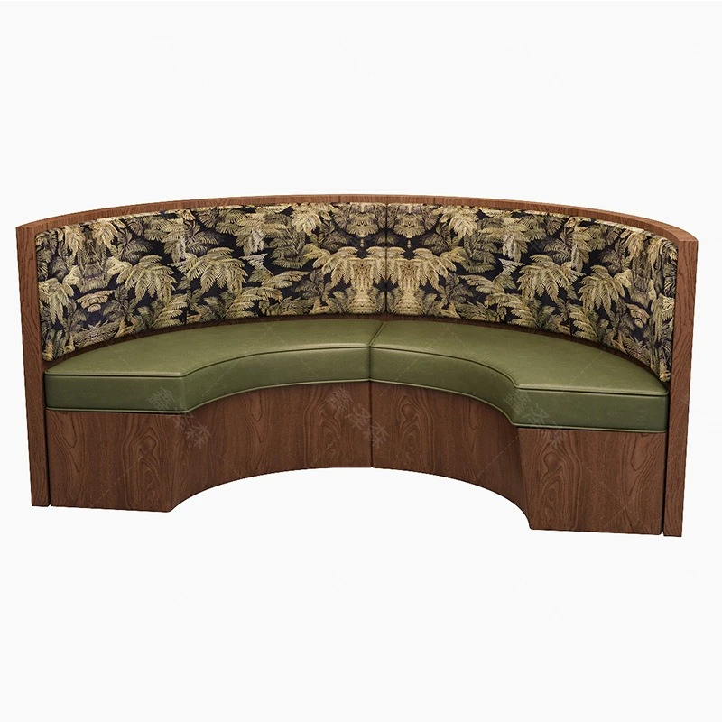 

Комплект из стола и стульев для кафе, ресторана или чайной: полукруглый изогнутый диван-скамья из массива дерева и ротанга.