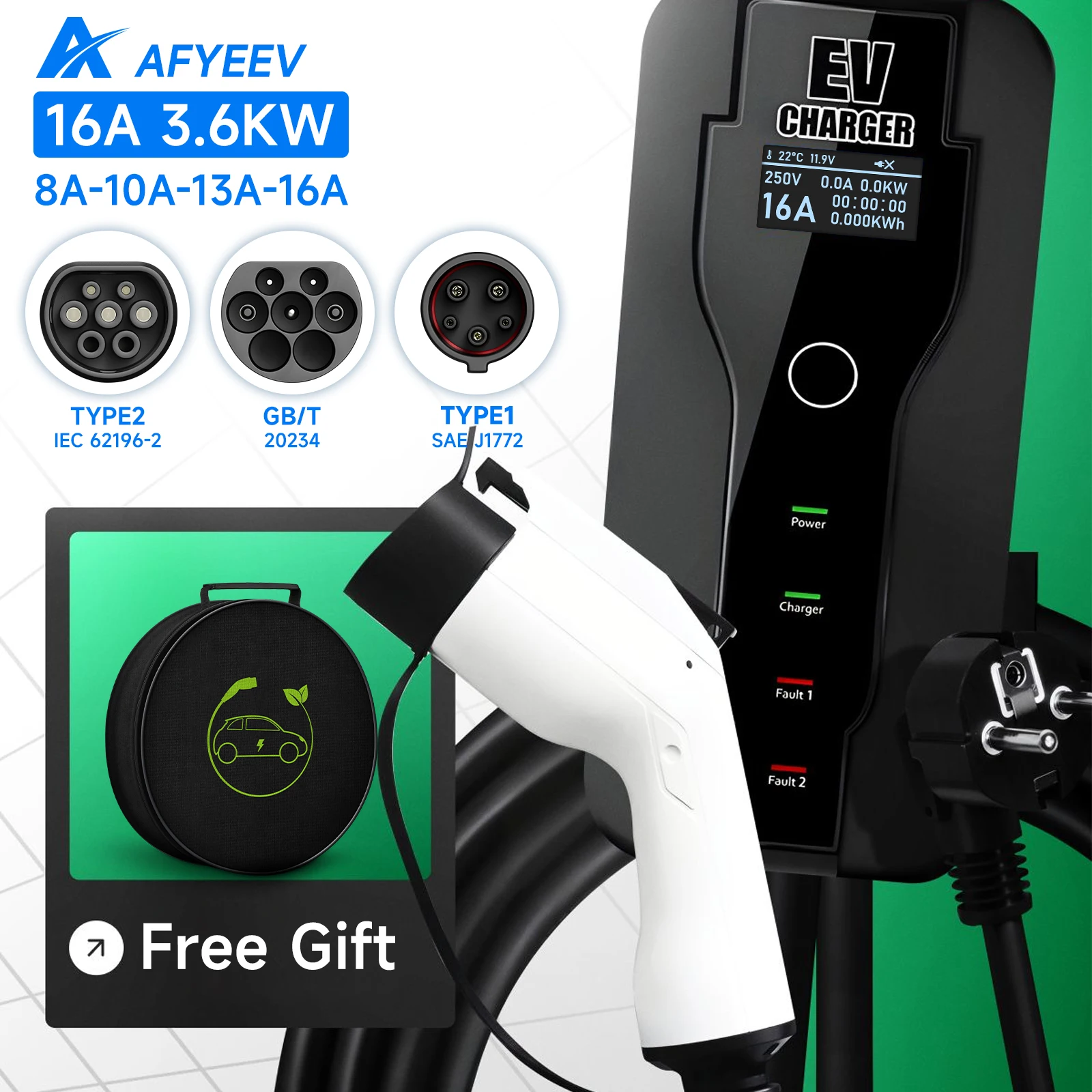 

AFYEEV 3.6KW Portable EV Charger Type2 IEC 62196 / GB/T Plug Connector 16A Type 1 Wallbox Charging Station For Electric Vehicle